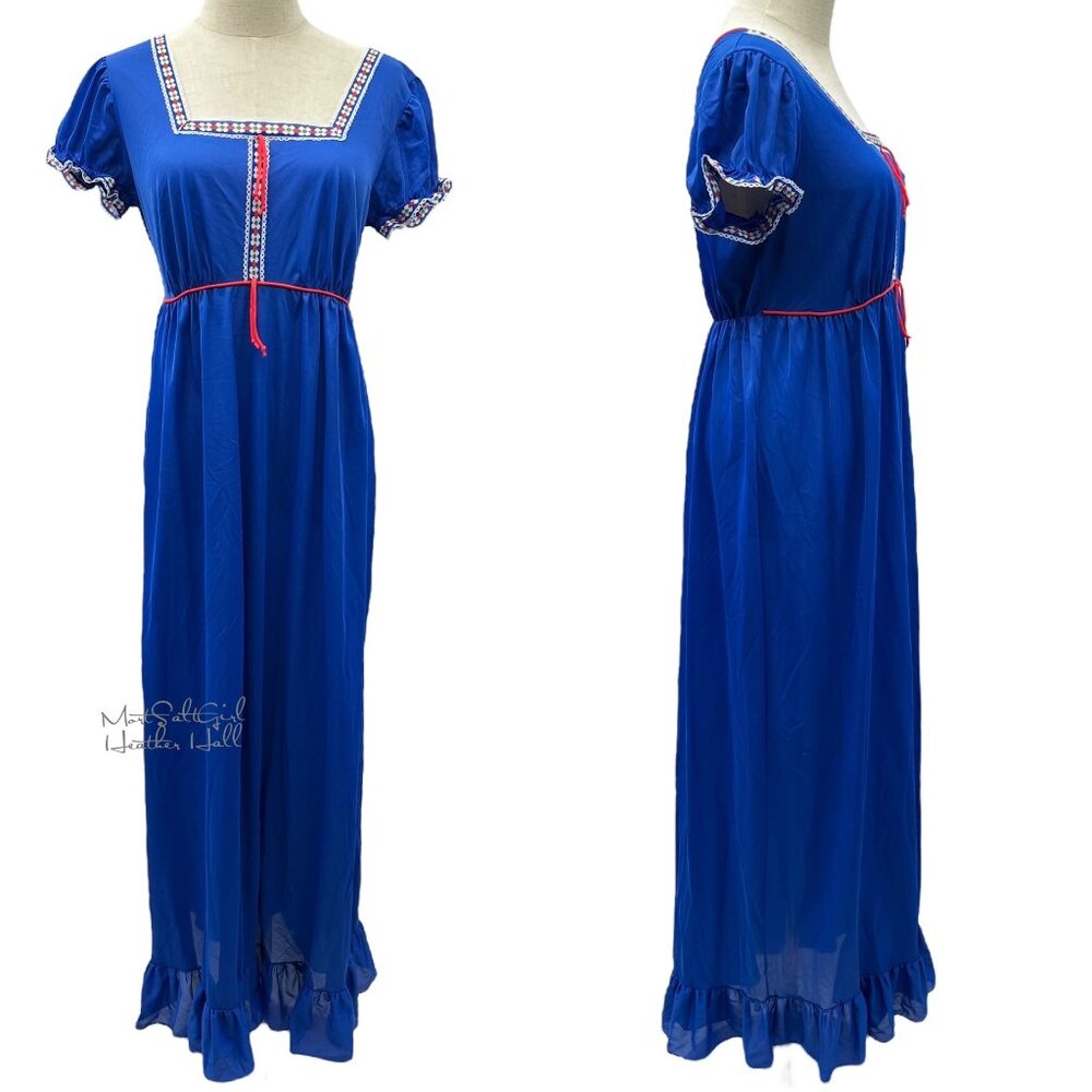 Vintage Lorraine Blue Boho Maxi Dress w/ Embroidered Trim & Ruffle Hem